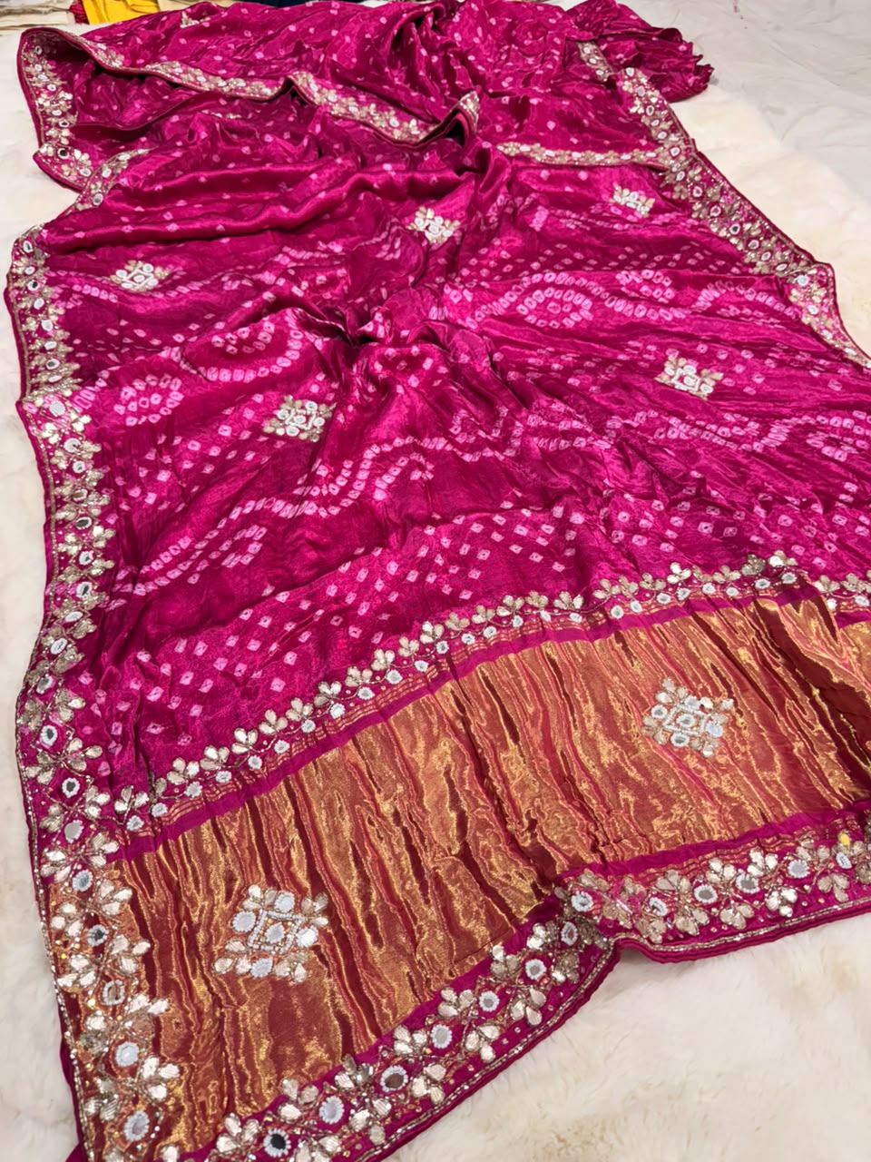 Pure Gajji Silk Saree With Bareek Bandhej and Zari Palla