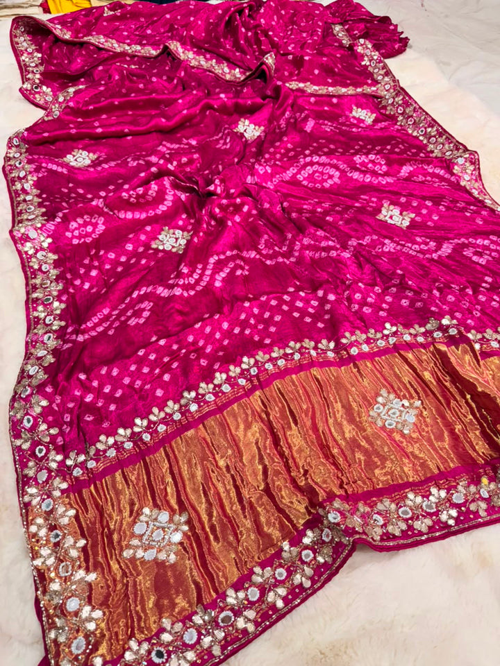 Pure Gajji Silk Saree With Bareek Bandhej and Zari Palla