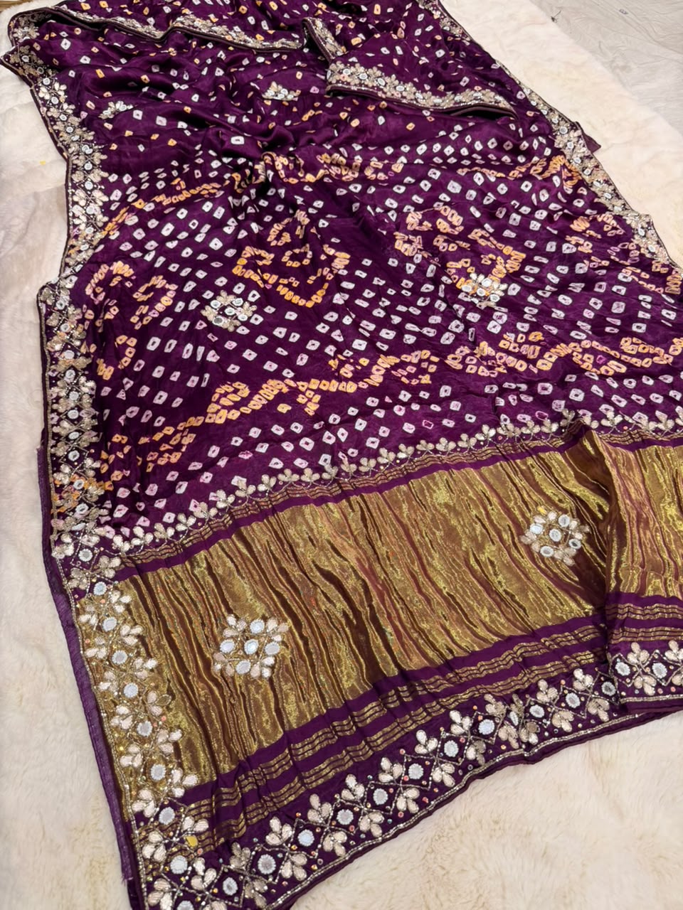 Pure Gajji Silk Saree With Bareek Bandhej and Zari Palla