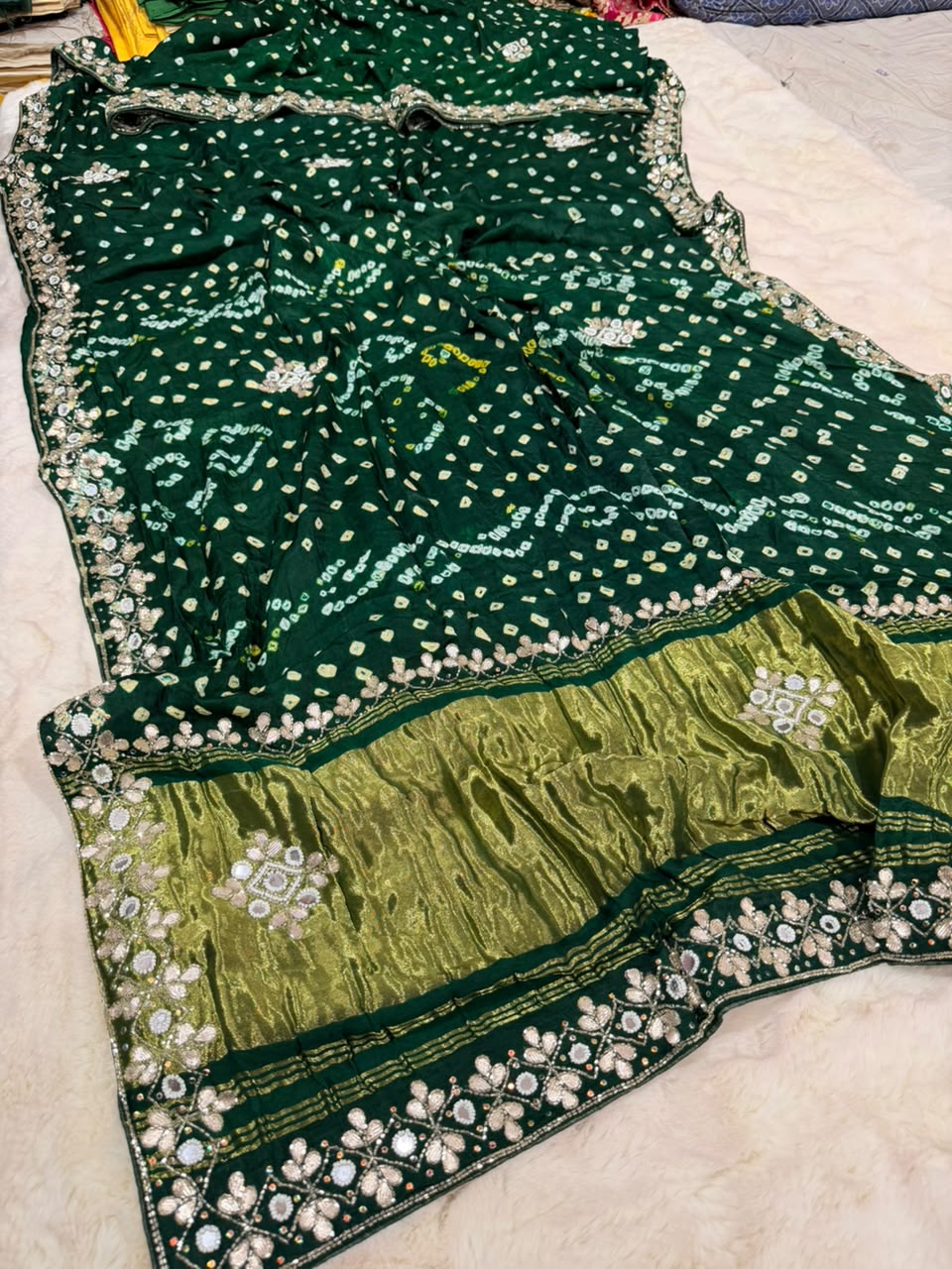 Pure Gajji Silk Saree With Bareek Bandhej and Zari Palla