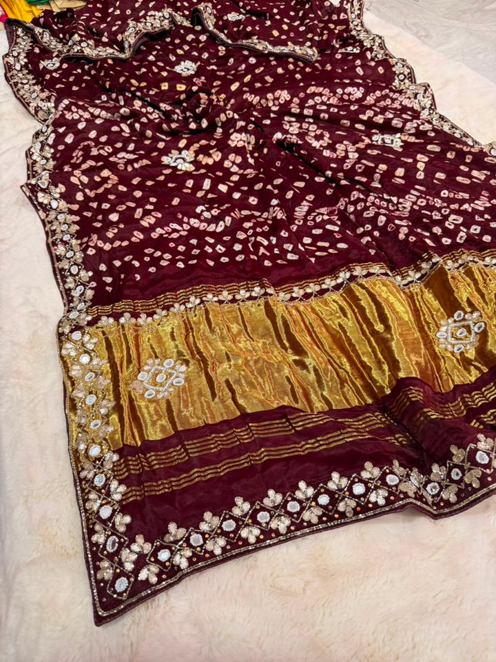 Pure Gajji Silk Saree With Bareek Bandhej and Zari Palla