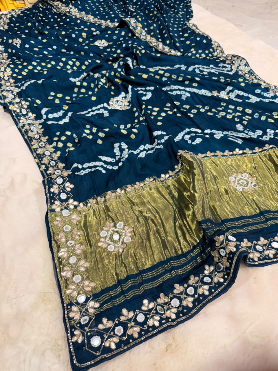 Pure Gajji Silk Saree With Bareek Bandhej and Zari Palla