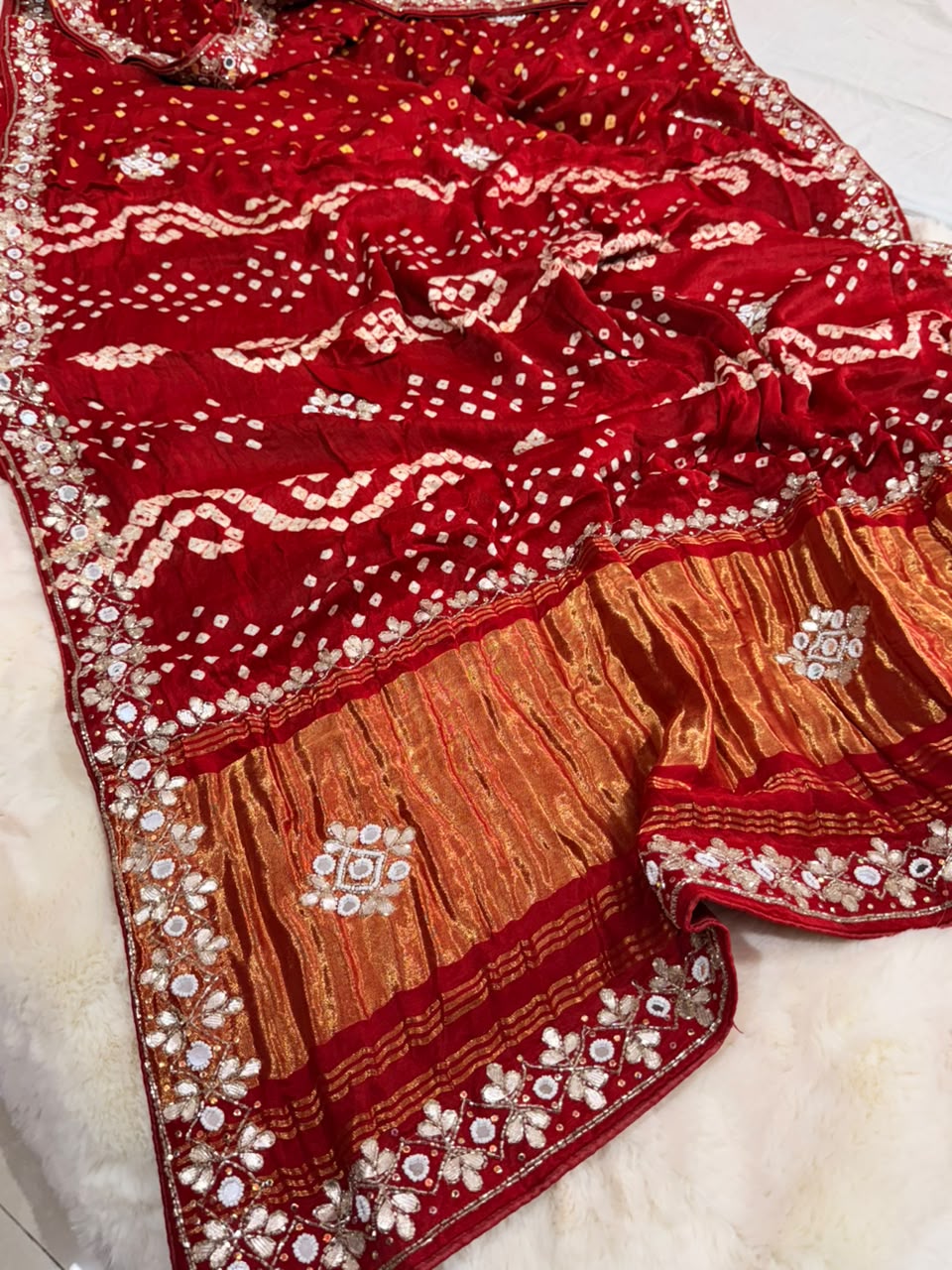 Pure Gajji Silk Saree With Bareek Bandhej and Zari Palla
