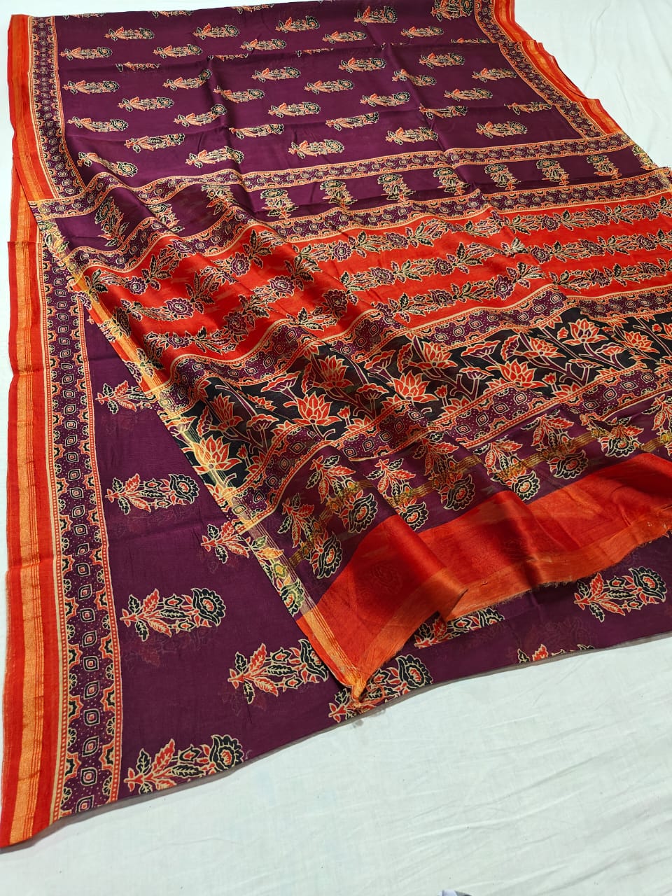Pure Chanderi Silk Saree With Azrak Print With Blouse .