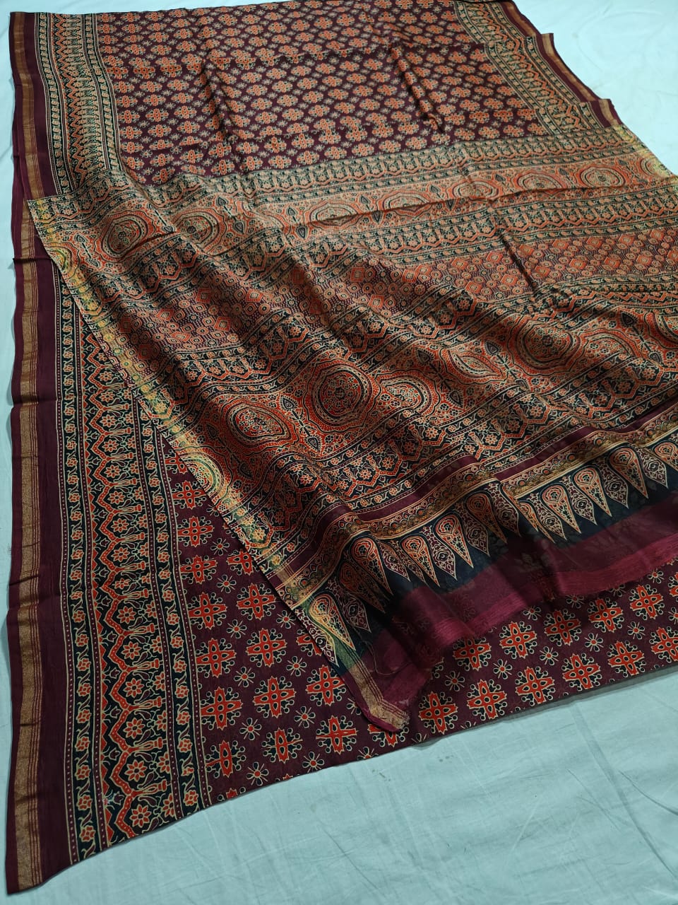 Pure Chanderi Silk Saree With Azrak Print With Blouse .