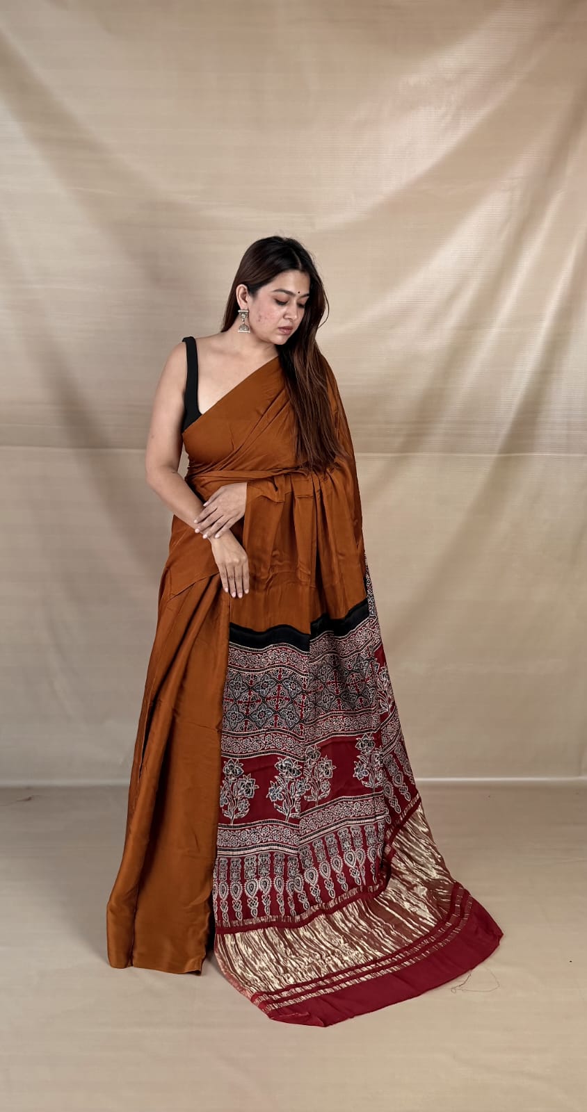 Pure Modal SilK Ajrakh HandBlock Print Natural Dye  Saree.