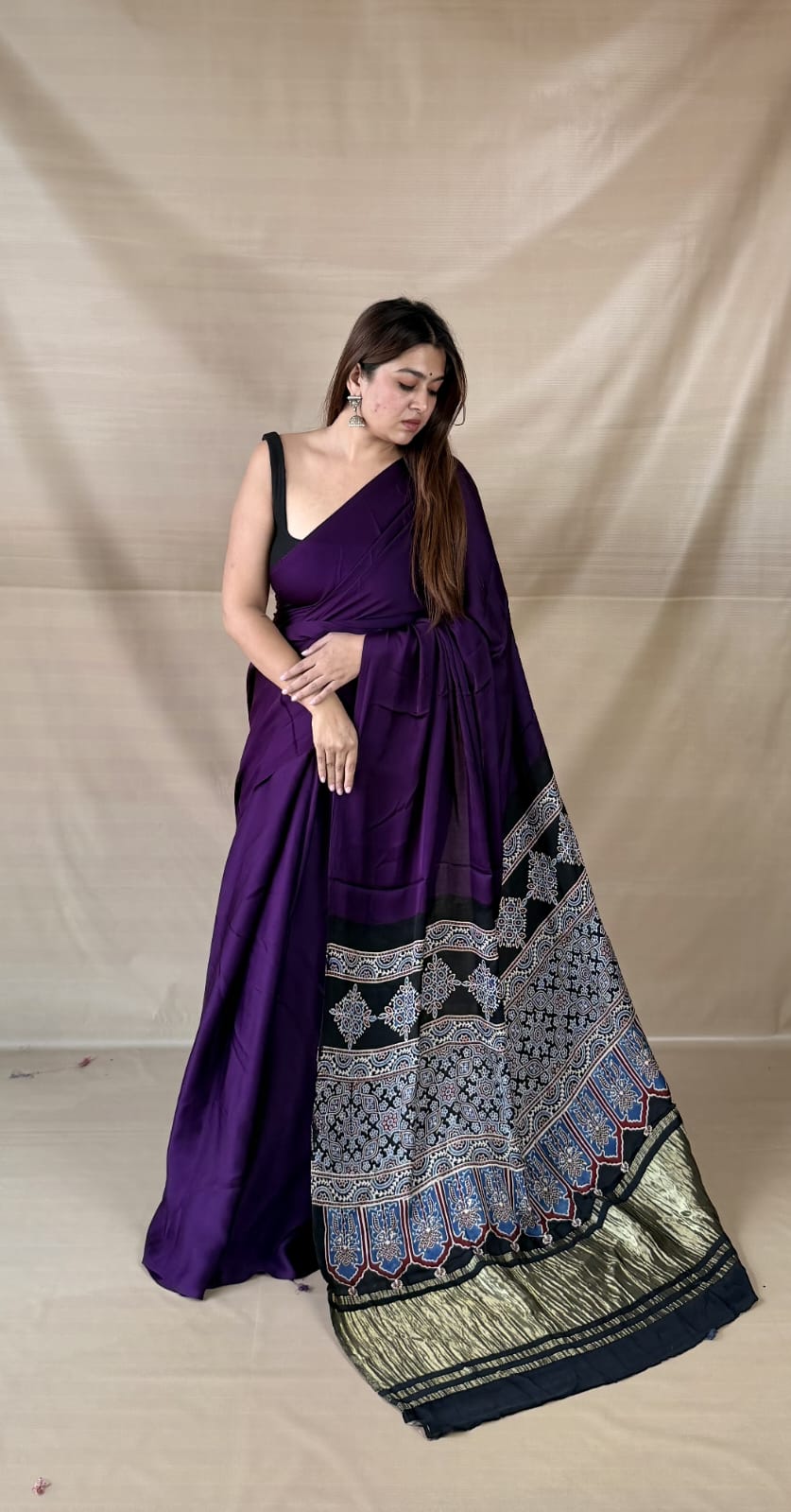 Pure Modal SilK Ajrakh HandBlock Print Natural Dye  Saree.