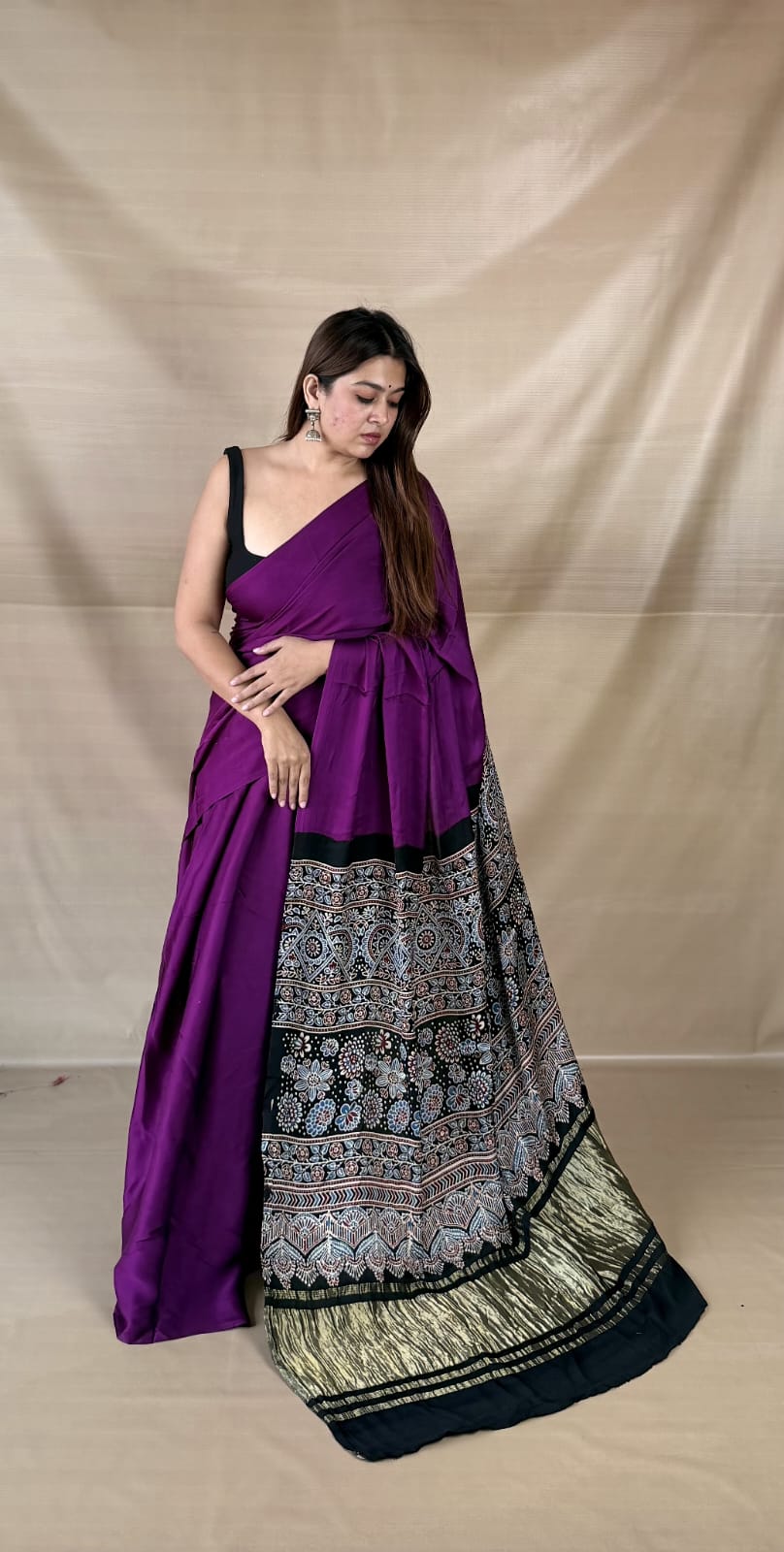 Pure Modal SilK Ajrakh HandBlock Print Natural Dye  Saree.