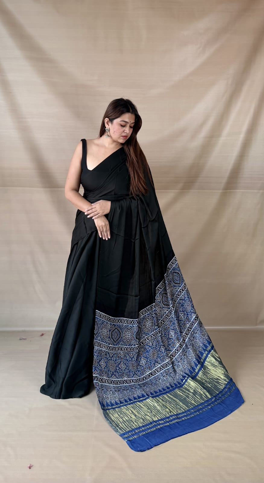 Pure Modal SilK Ajrakh HandBlock Print Natural Dye  Saree.
