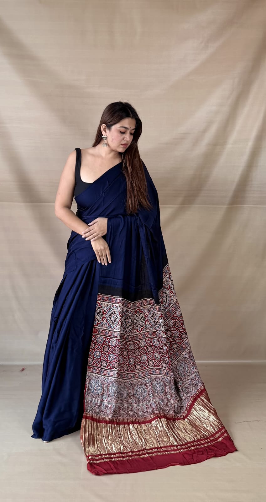 Pure Modal SilK Ajrakh HandBlock Print Natural Dye  Saree.