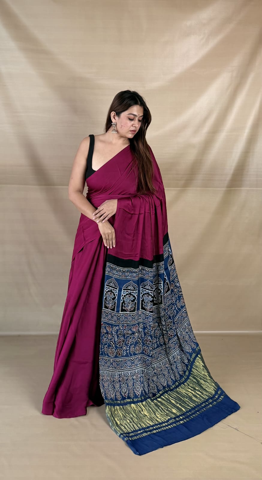 Pure Modal SilK Ajrakh HandBlock Print Natural Dye  Saree.