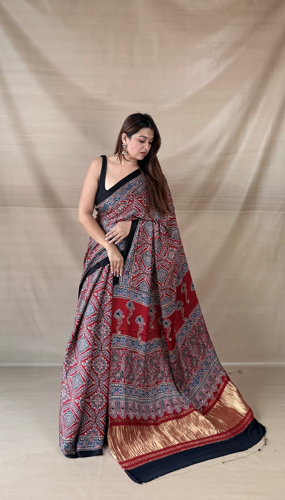 Pure Modal SilK Ajrakh HandBlock Print Natural Dye  Saree.