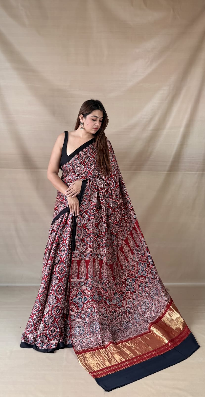 Pure Modal SilK Ajrakh HandBlock Print Natural Dye  Saree.