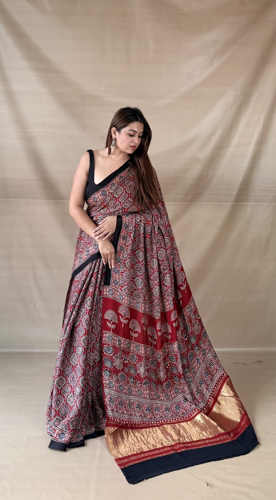 Pure Modal SilK Ajrakh HandBlock Print Natural Dye  Saree.