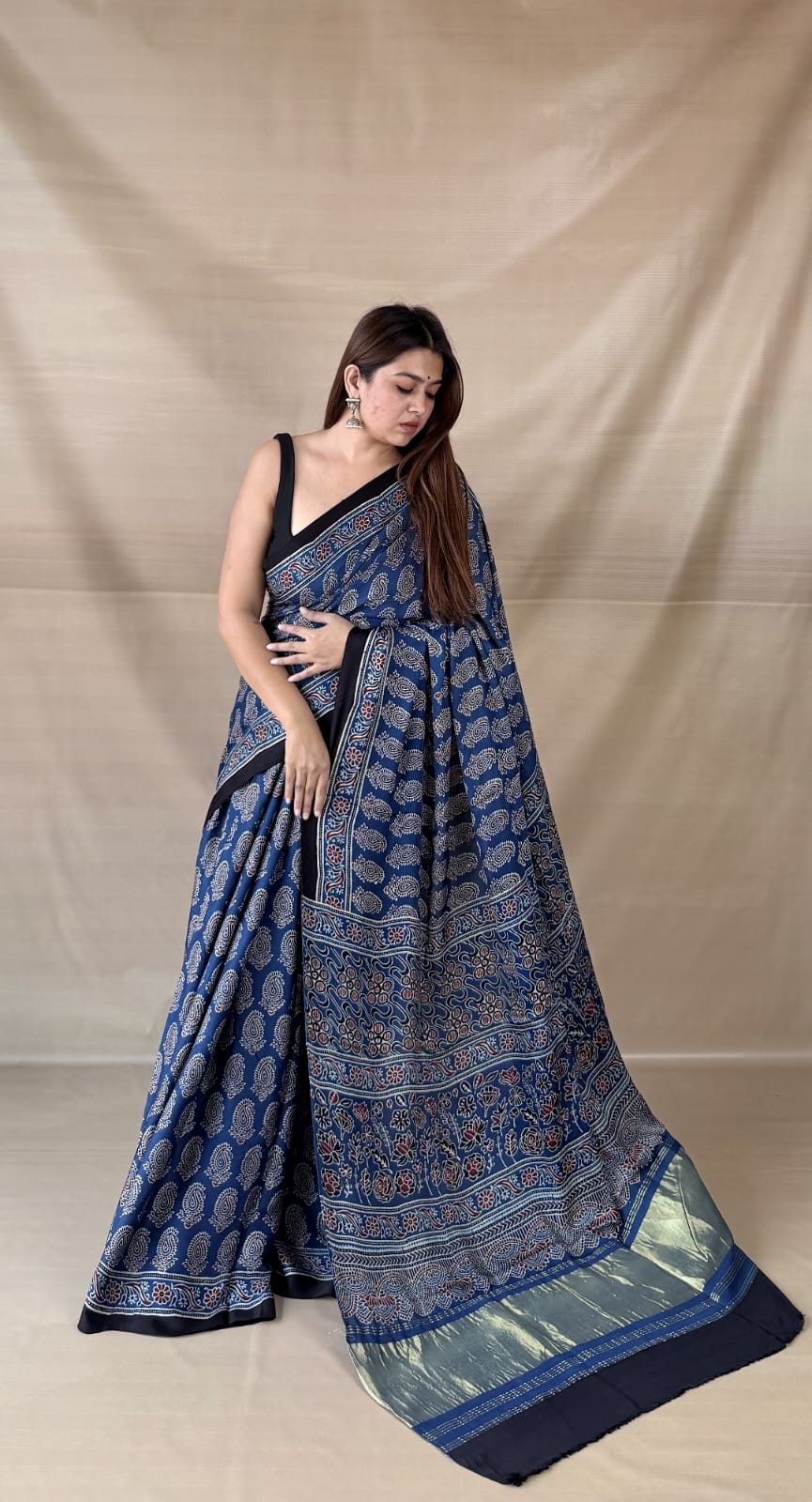 Pure Modal SilK Ajrakh HandBlock Print Natural Dye  Saree.