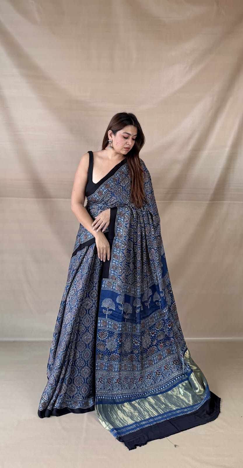 Pure Modal SilK Ajrakh HandBlock Print Natural Dye  Saree.