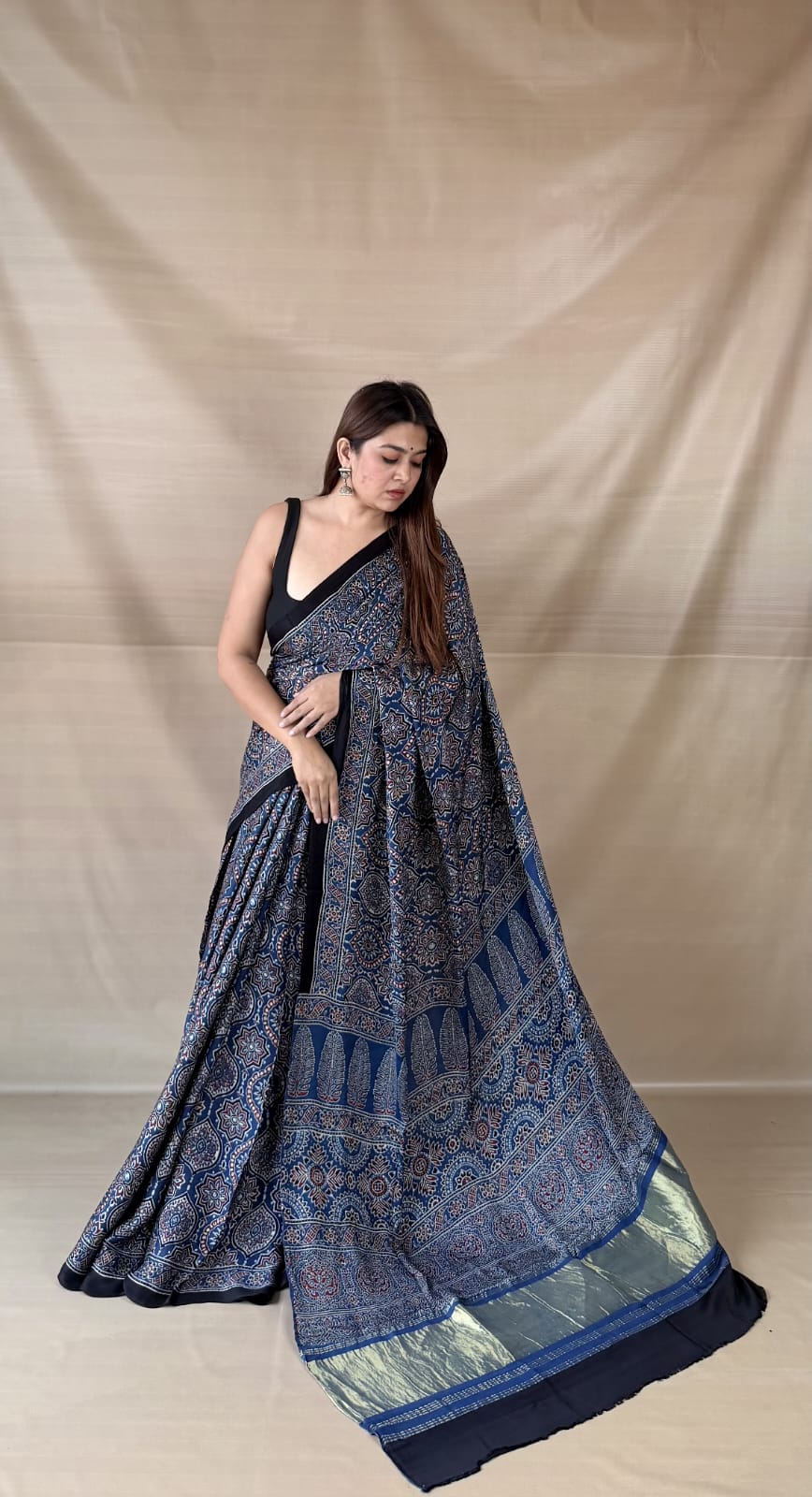 Pure Modal SilK Ajrakh HandBlock Print Natural Dye  Saree.