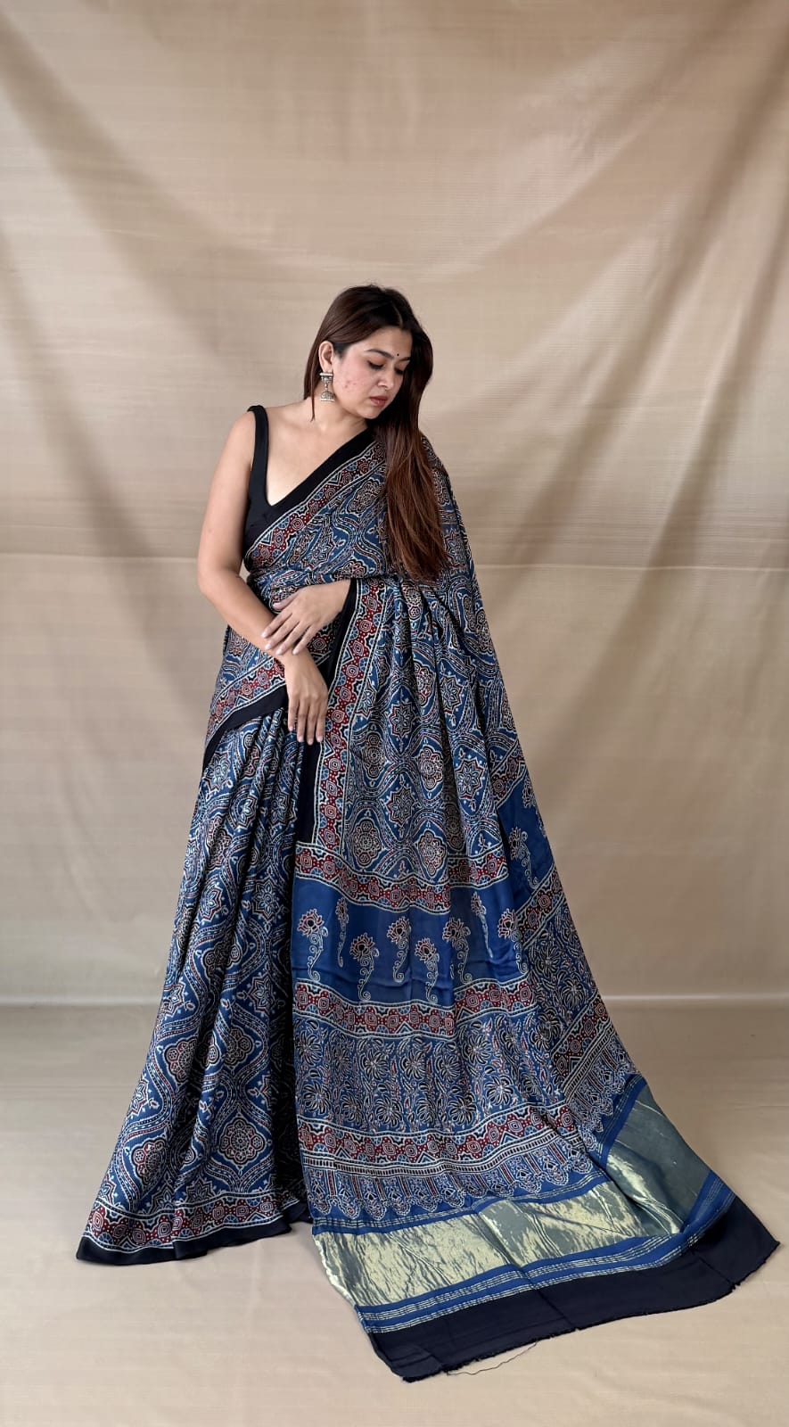 Pure Modal SilK Ajrakh HandBlock Print Natural Dye  Saree.