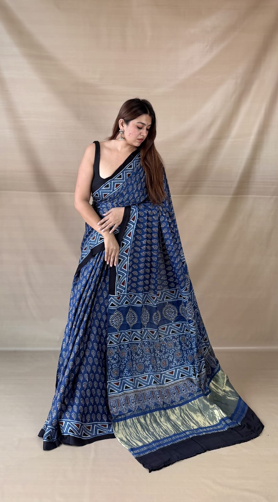 Pure Modal SilK Ajrakh HandBlock Print Natural Dye  Saree.