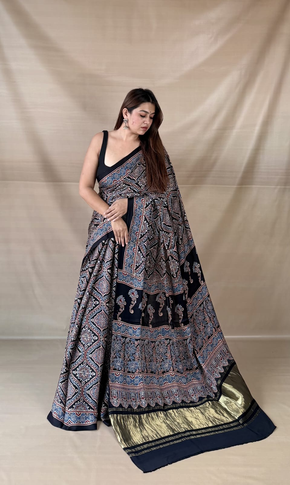 Pure Modal SilK Ajrakh HandBlock Print Natural Dye  Saree.