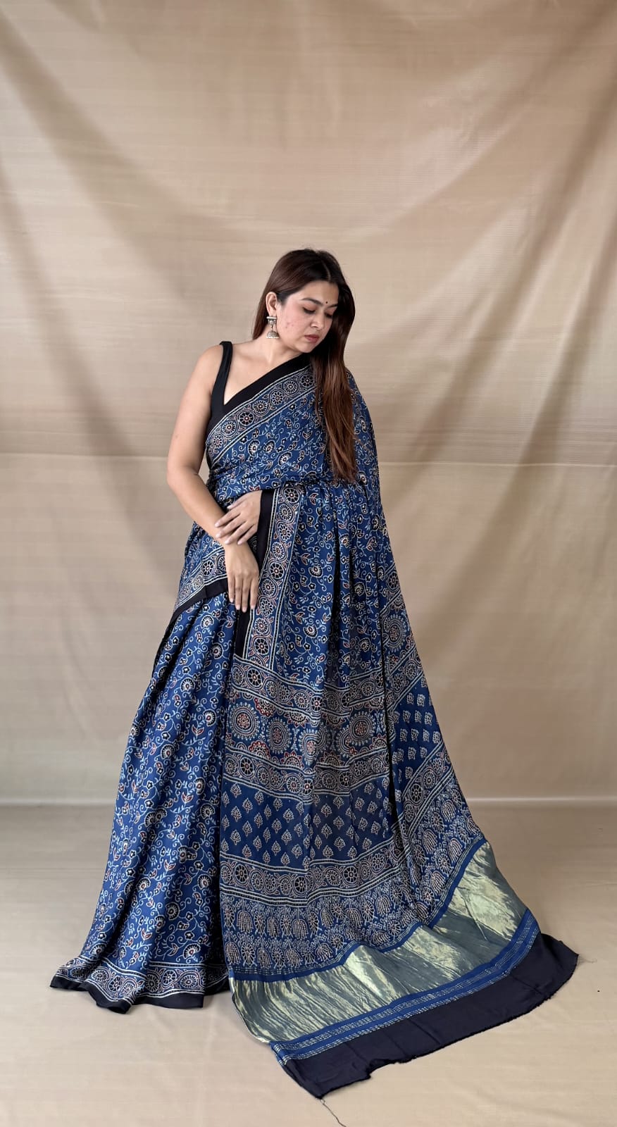 Pure Modal SilK Ajrakh HandBlock Print Natural Dye  Saree.