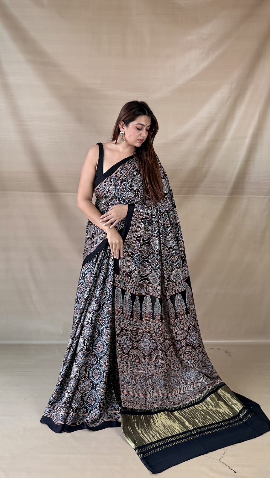 Pure Modal SilK Ajrakh HandBlock Print Natural Dye  Saree.