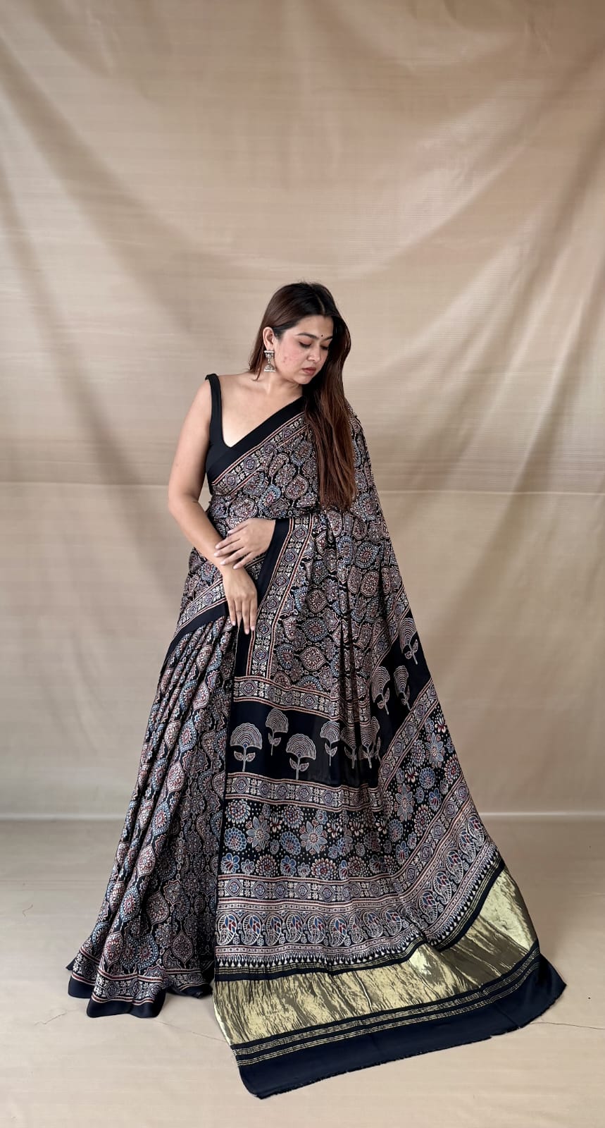 Pure Modal SilK Ajrakh HandBlock Print Natural Dye  Saree.