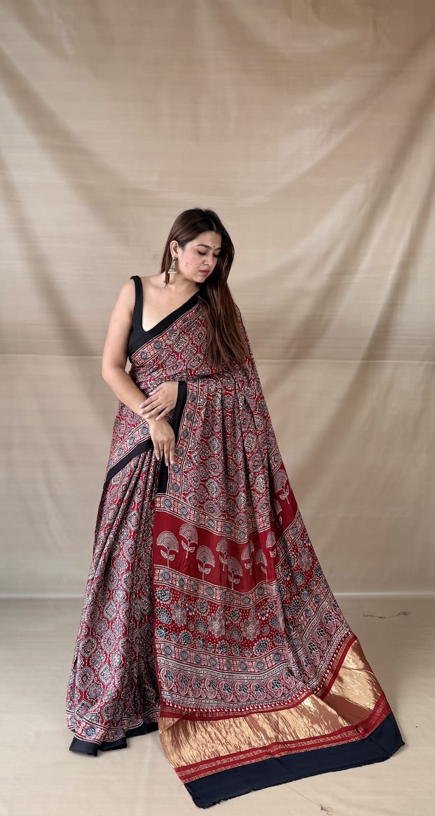 Pure Modal SilK Ajrakh HandBlock Print Natural Dye  Saree.