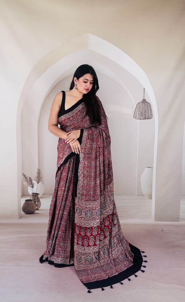 Pure Modal SilK Ajrakh HandBlock Print Natural Dye  Saree.