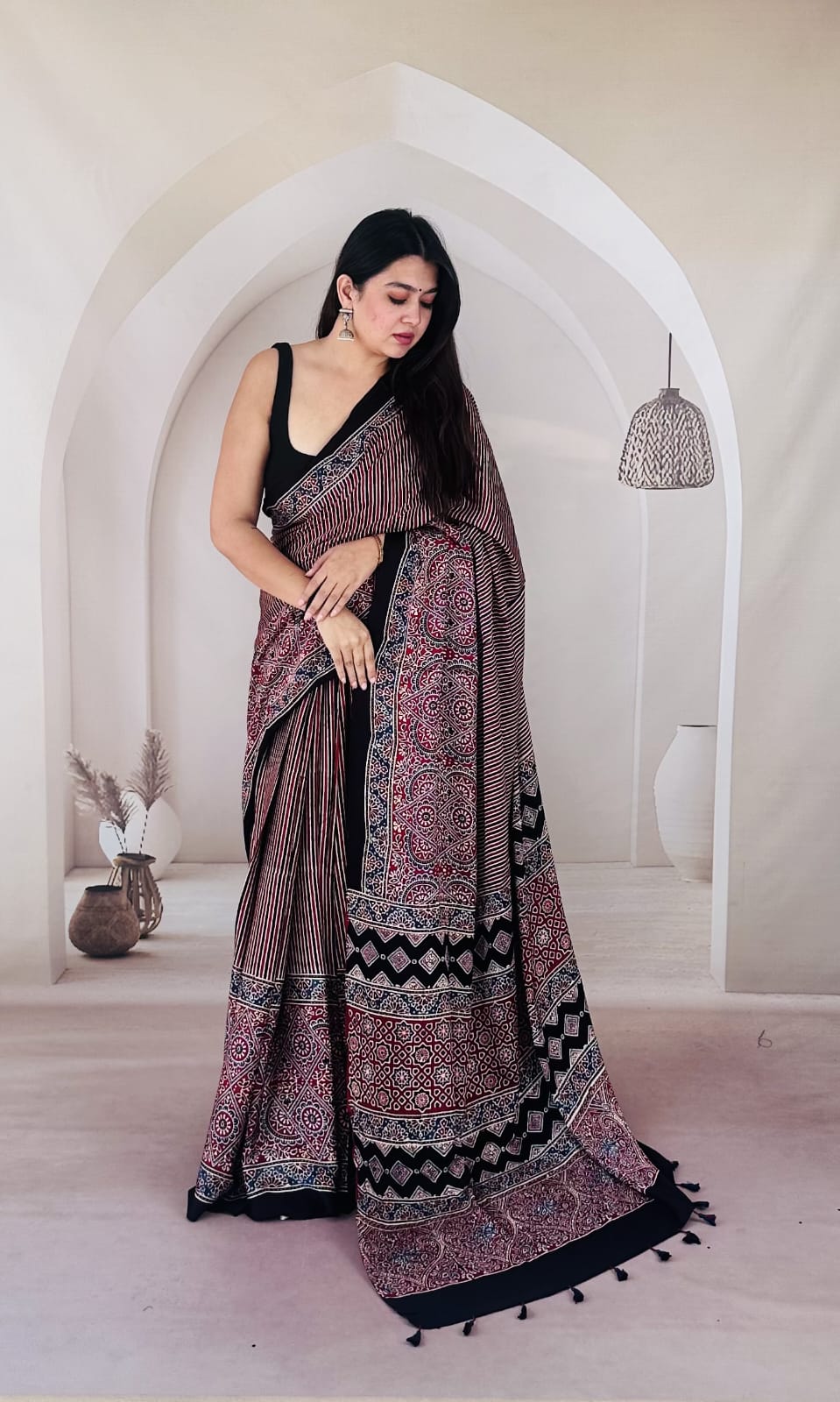 Pure Modal SilK Ajrakh HandBlock Print Natural Dye  Saree.