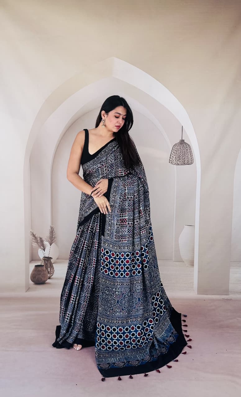 Pure Modal SilK Ajrakh HandBlock Print Natural Dye  Saree.