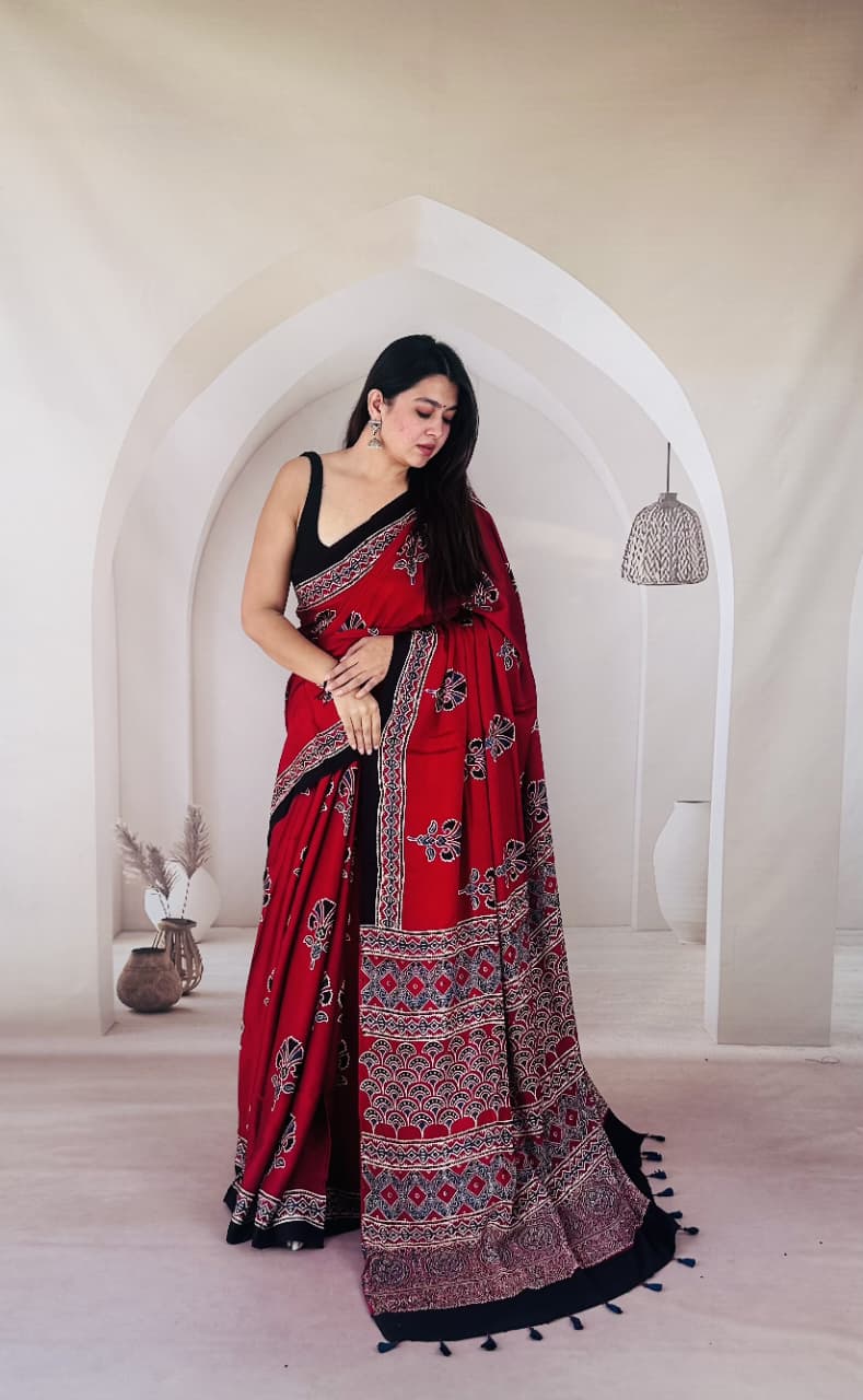 Pure Modal SilK Ajrakh HandBlock Print Natural Dye  Saree.