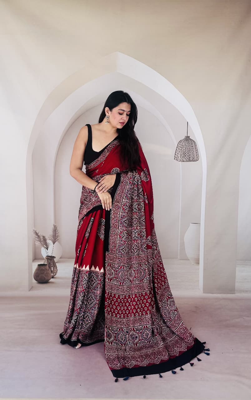 Pure Modal SilK Ajrakh HandBlock Print Natural Dye  Saree.