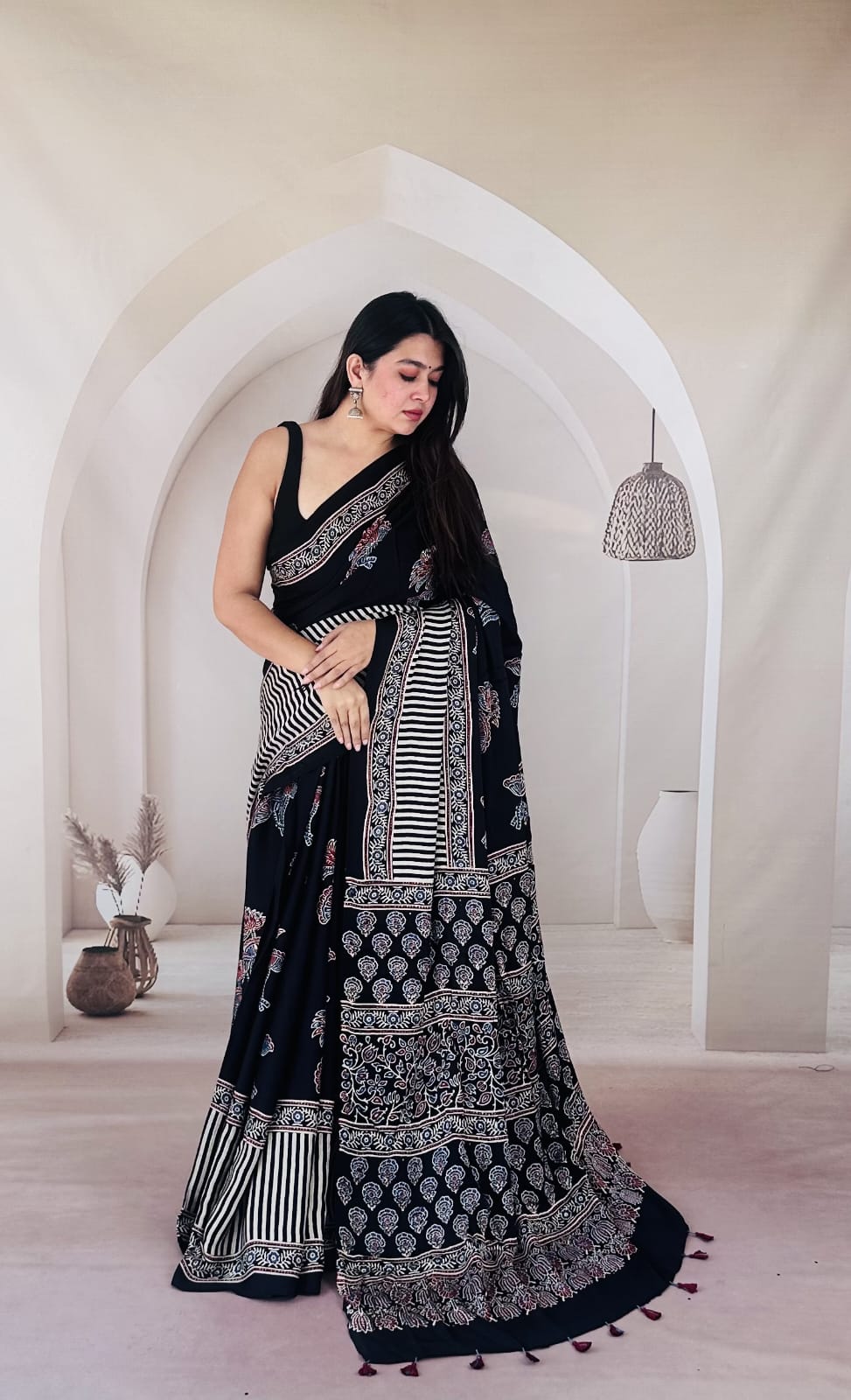 Pure Modal SilK Ajrakh HandBlock Print Natural Dye  Saree.