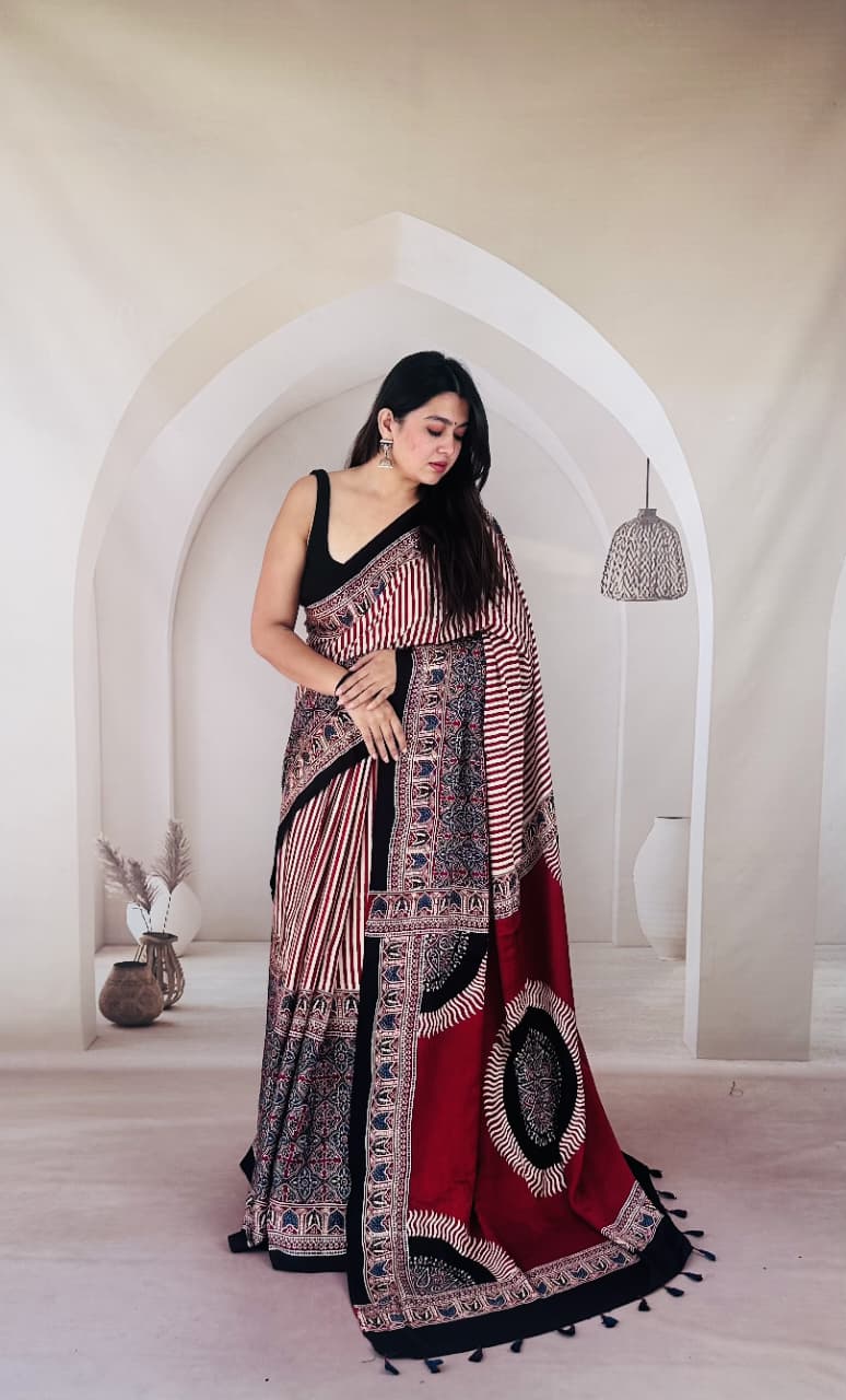 Pure Modal SilK Ajrakh HandBlock Print Natural Dye  Saree.