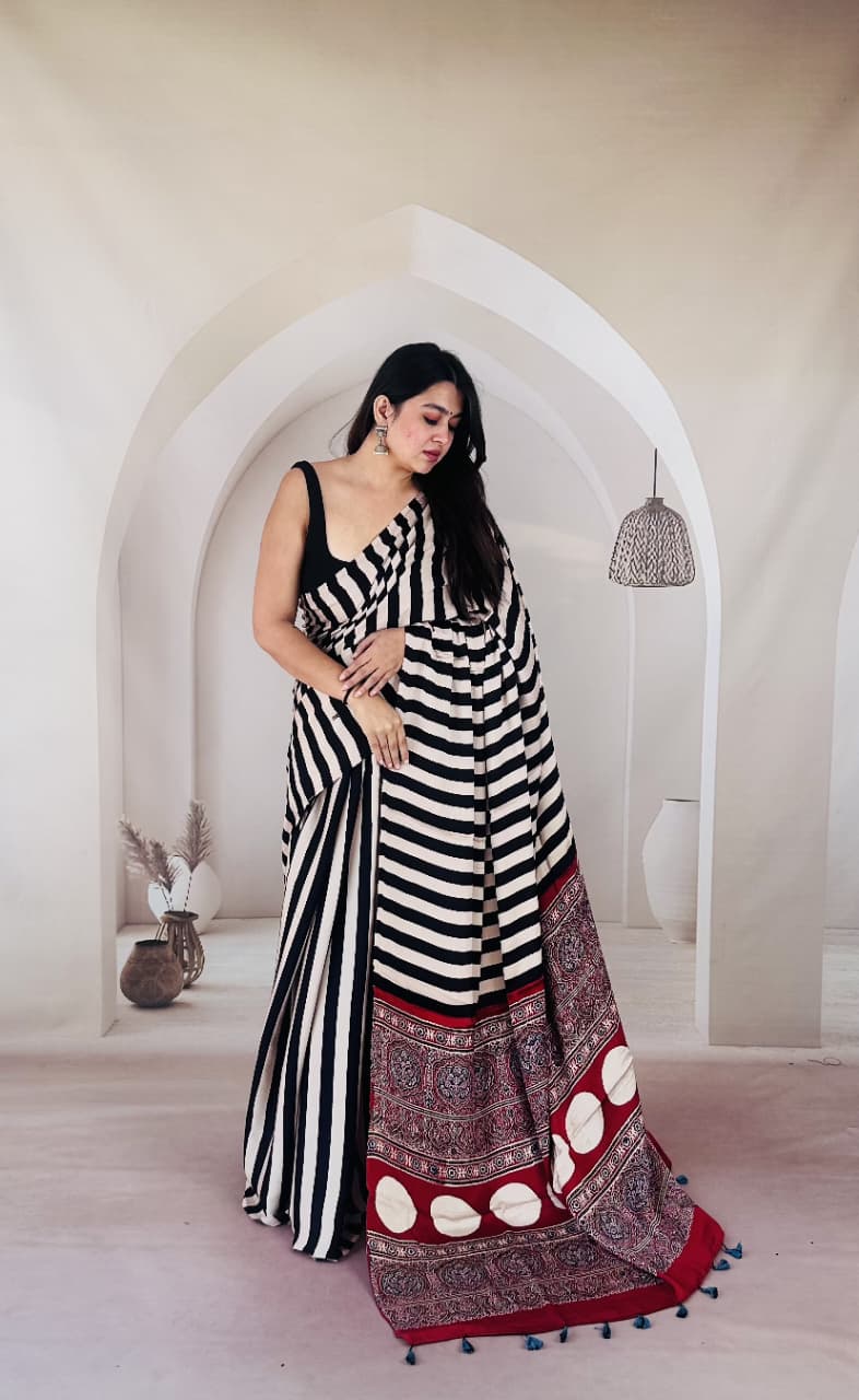 Pure Modal SilK Ajrakh HandBlock Print Natural Dye  Saree.