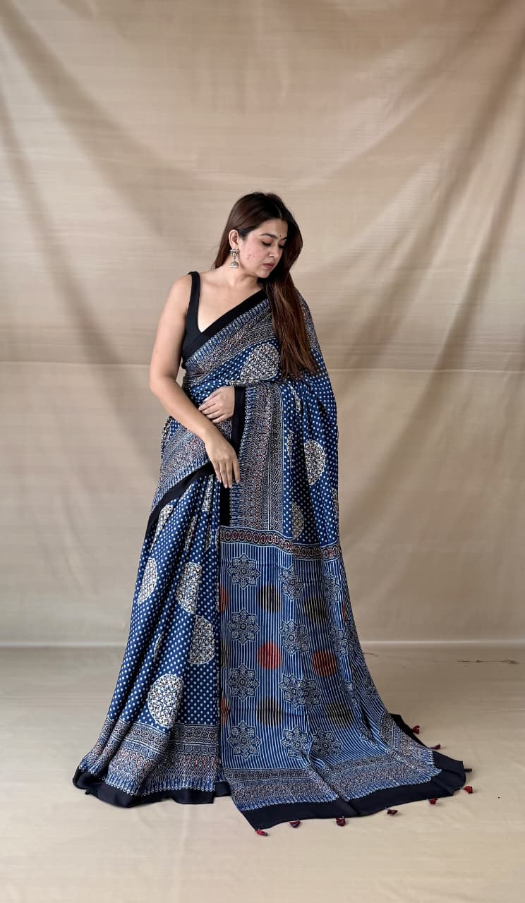 Pure Modal SilK Ajrakh HandBlock Print Natural Dye  Saree.