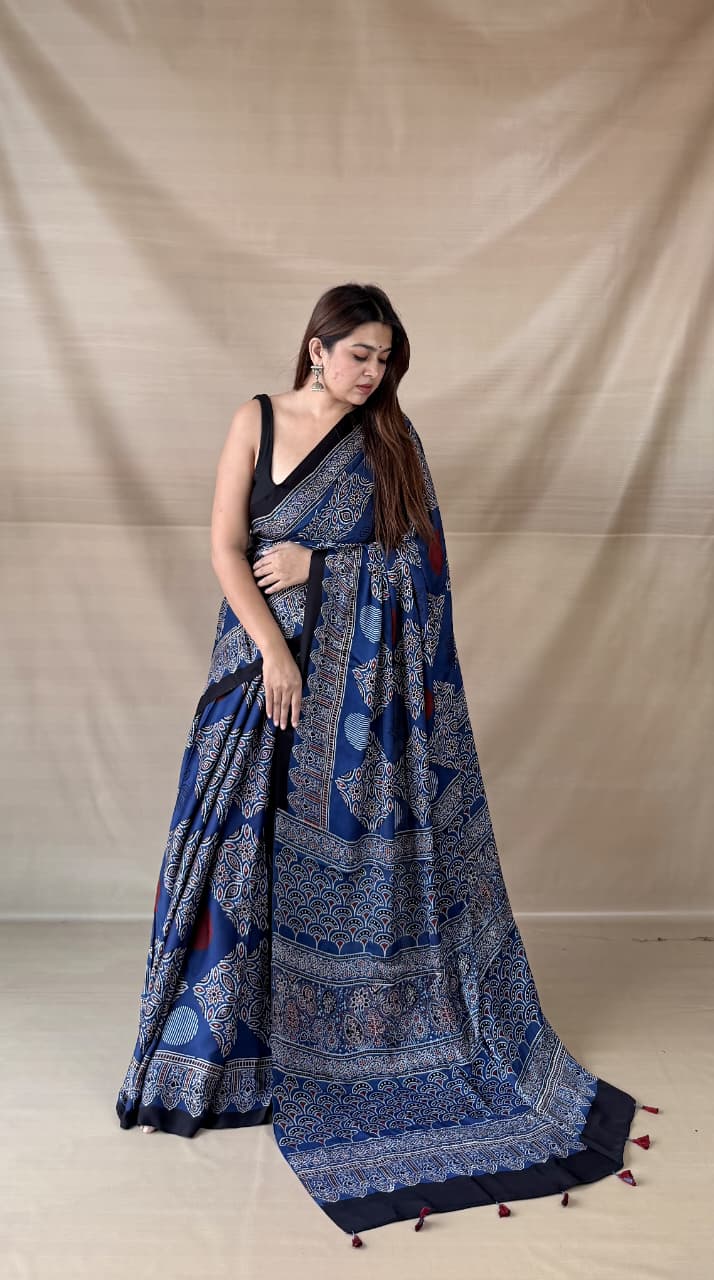 Pure Modal SilK Ajrakh HandBlock Print Natural Dye  Saree.