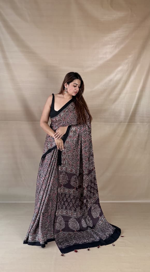 Pure Modal SilK Ajrakh HandBlock Print Natural Dye  Saree.