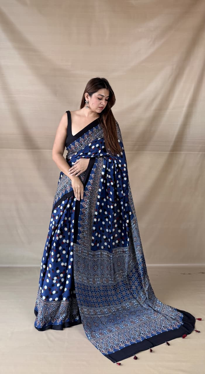 Pure Modal SilK Ajrakh HandBlock Print Natural Dye  Saree.