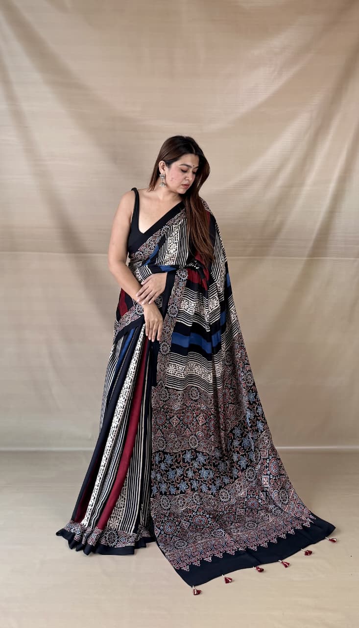 Pure Modal SilK Ajrakh HandBlock Print Natural Dye  Saree.