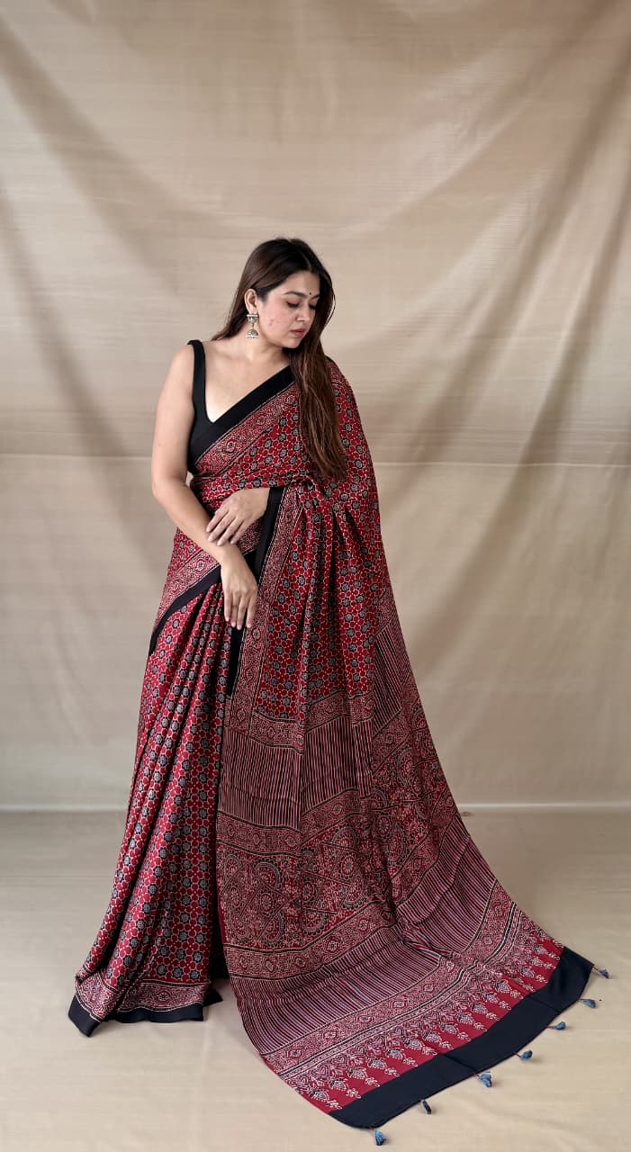 Pure Modal SilK Ajrakh HandBlock Print Natural Dye  Saree.
