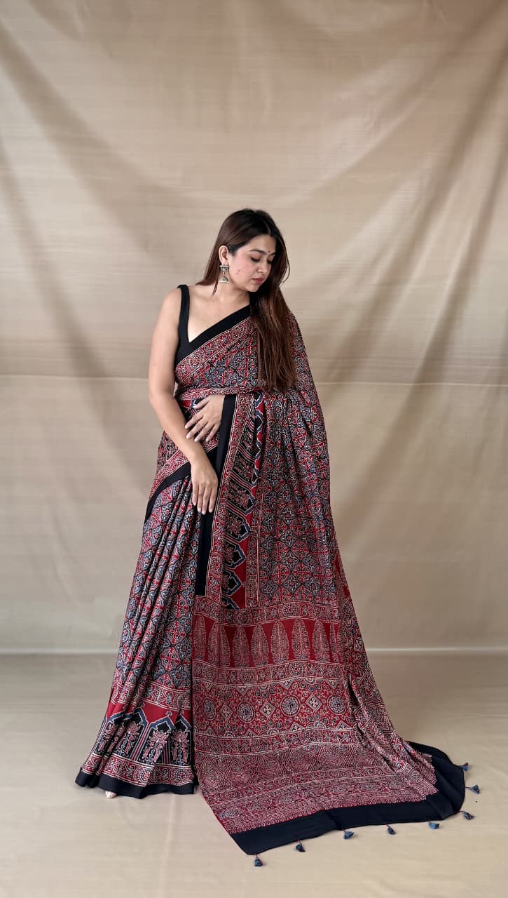 Pure Modal SilK Ajrakh HandBlock Print Natural Dye  Saree.