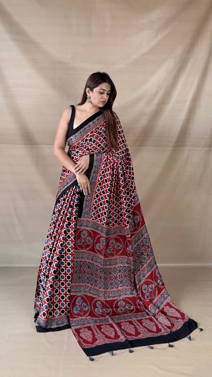 Pure Modal SilK Ajrakh HandBlock Print Natural Dye  Saree.