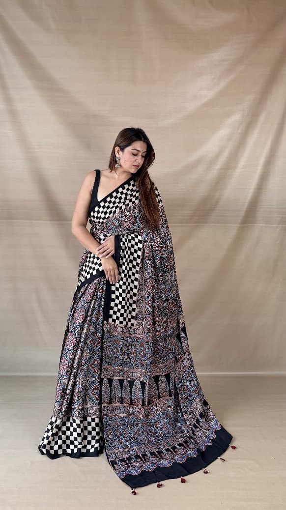 Pure Modal SilK Ajrakh HandBlock Print Natural Dye  Saree.