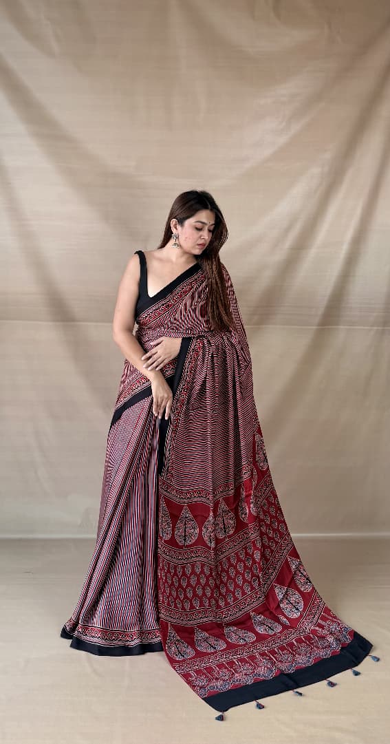 Pure Modal SilK Ajrakh HandBlock Print Natural Dye  Saree.