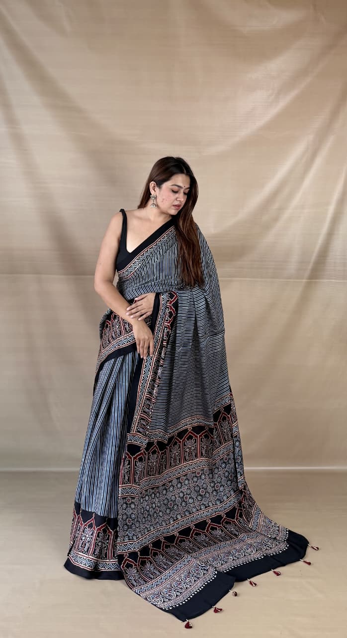 Pure Modal SilK Ajrakh HandBlock Print Natural Dye  Saree.