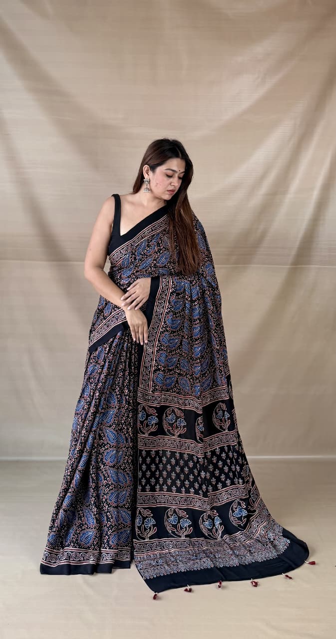 Pure Modal SilK Ajrakh HandBlock Print Natural Dye  Saree.