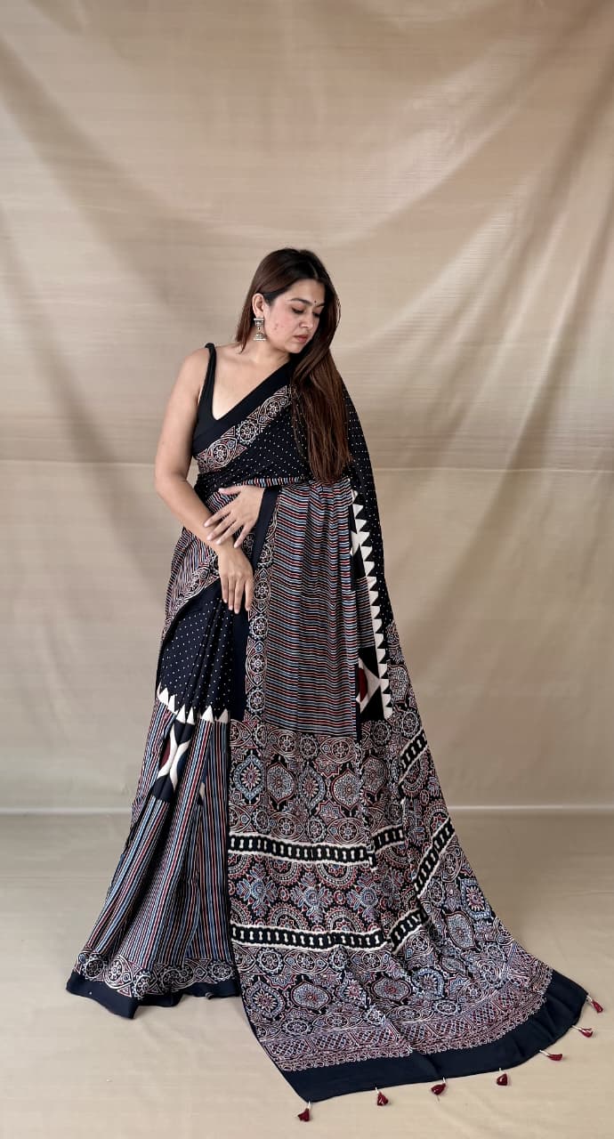 Pure Modal SilK Ajrakh HandBlock Print Natural Dye  Saree.