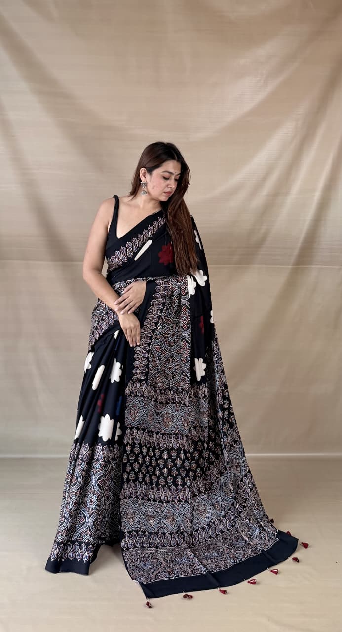 Pure Modal SilK Ajrakh HandBlock Print Natural Dye  Saree.